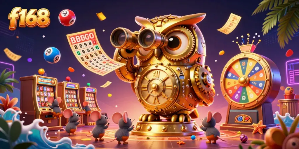 Experience the thrill of f168 with vibrant casino elements and a golden owl overseeing a bustling gaming floor.