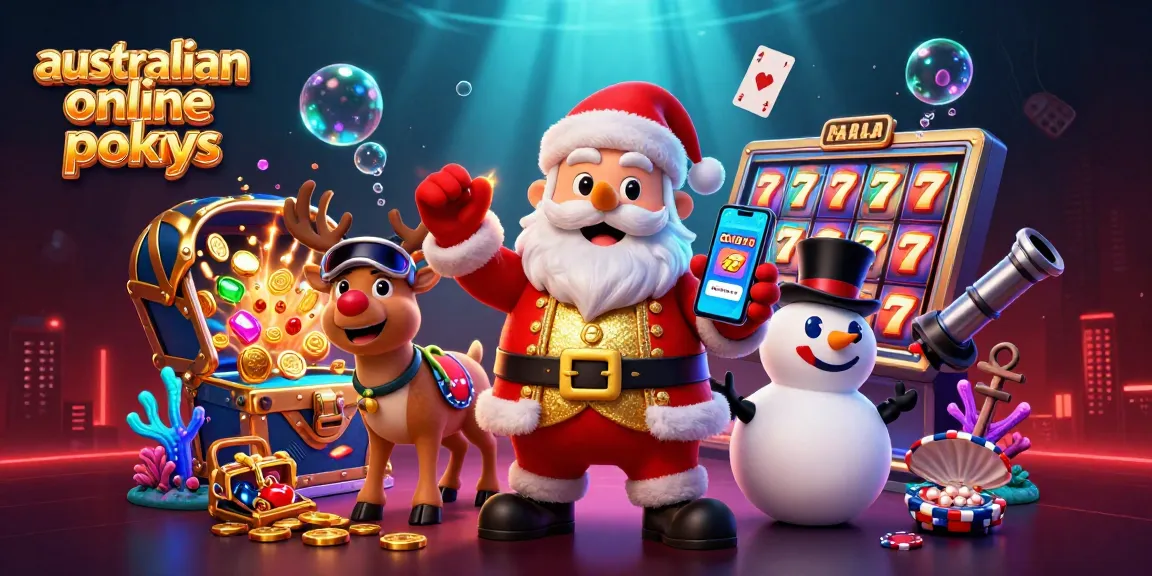 Engaging illustration celebrating australian online pokies with a festive Santa and dynamic jackpot elements.