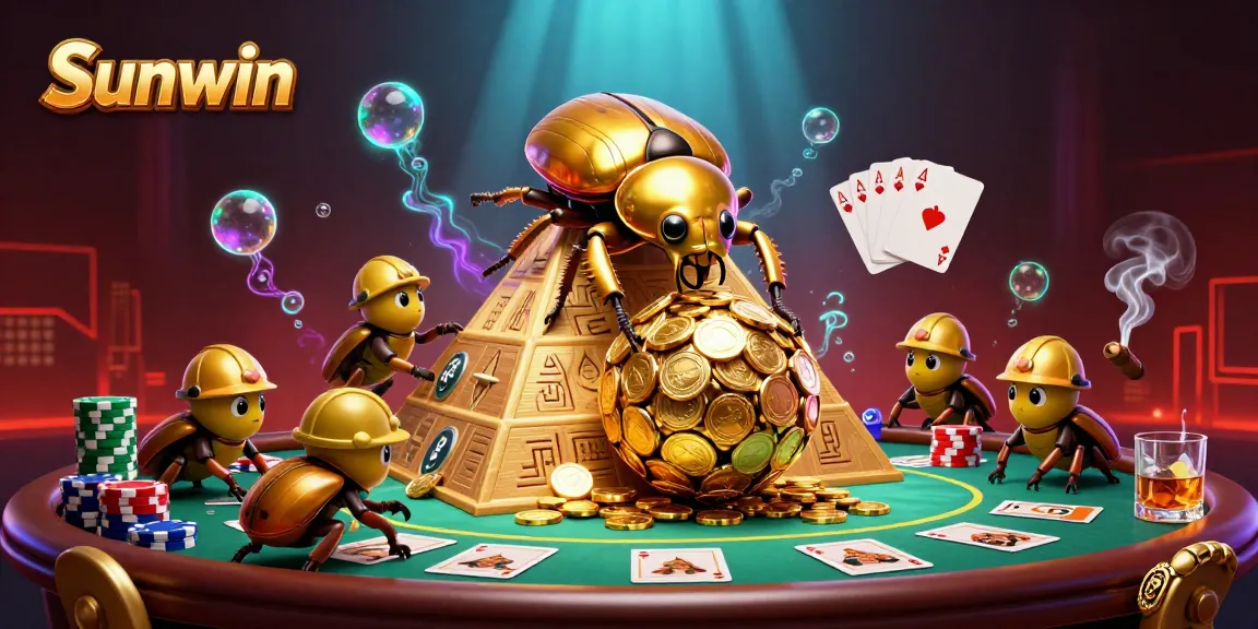Engage with Sunwin's vibrant casino world as golden beetles roll coins amid poker excitement.
