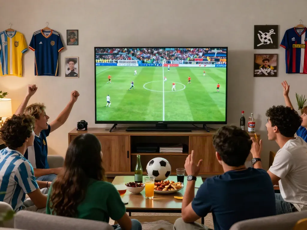 Fans watching a live SOCOLIVE soccer match in a cozy living room.