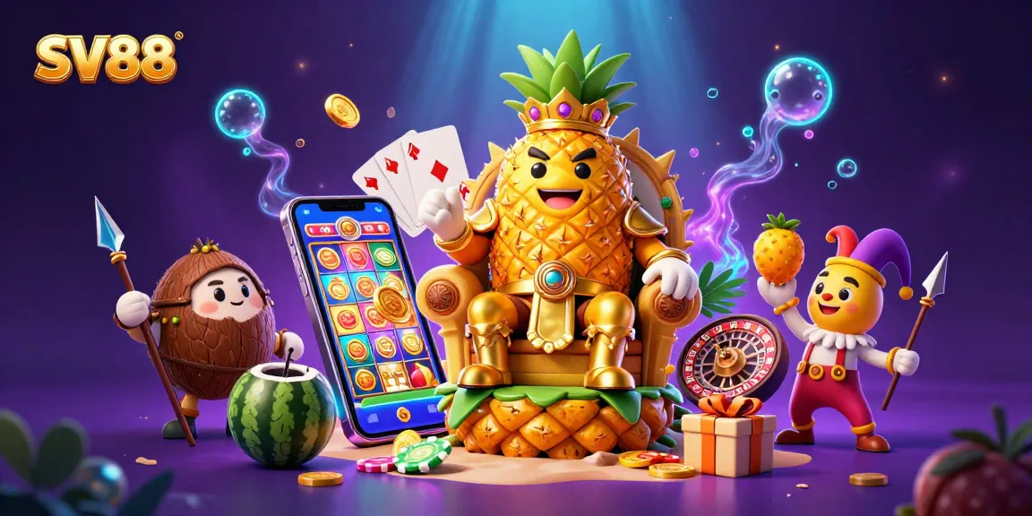 Experience SV88's vibrant beach casino scene with engaging cartoon characters and slot action.