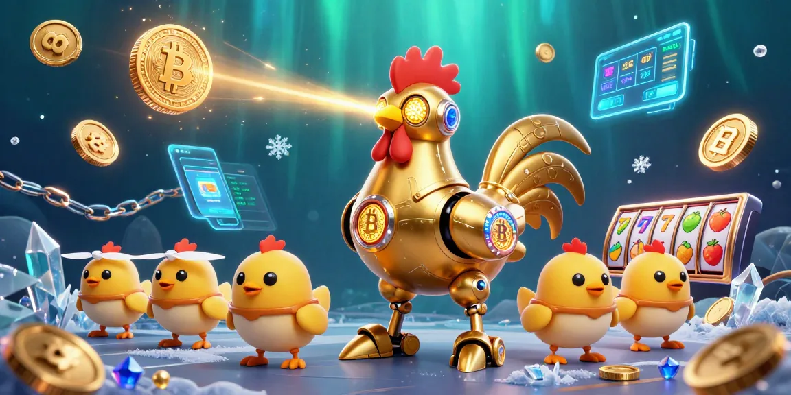 Play exciting casino games with O8 featuring a futuristic golden rooster and crypto elements.