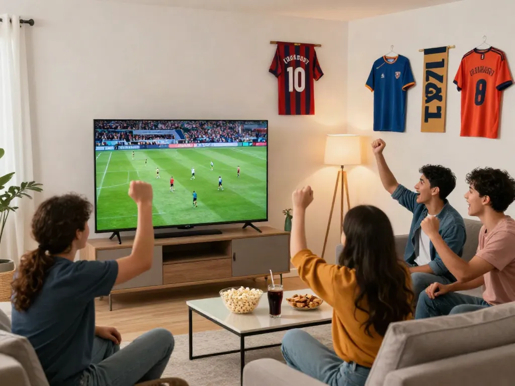 Fans enjoying a lively football match oncakhiatv in a cozy living room.