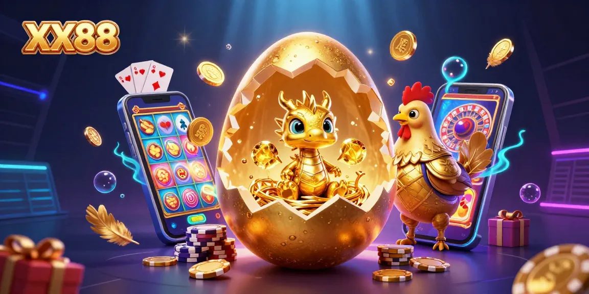 Experience the thrill of gambling at XX88 with a golden dragon revealing treasure among vibrant casino elements.