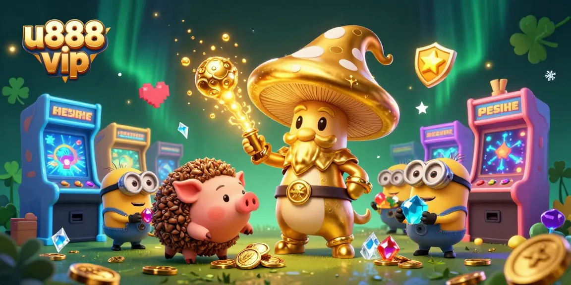 Win big with u888 vip's magical casino adventure featuring a golden mushroom wizard and treasures.