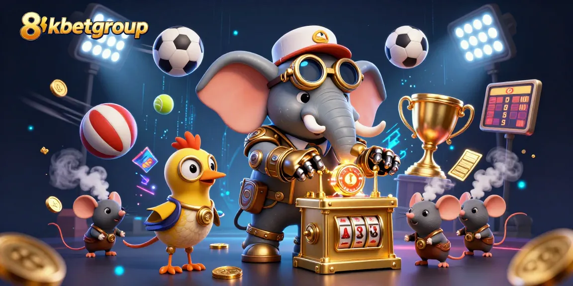 Engage with thrilling gaming moments at 8kbetgroup featuring a steampunk elephant at a golden slot machine.