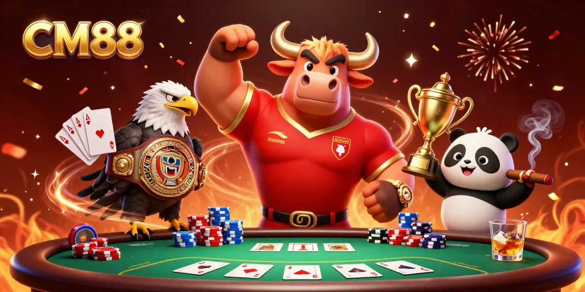 CM88 celebrates victory with a victorious bull, eagle, and panda amidst poker excitement and confetti.