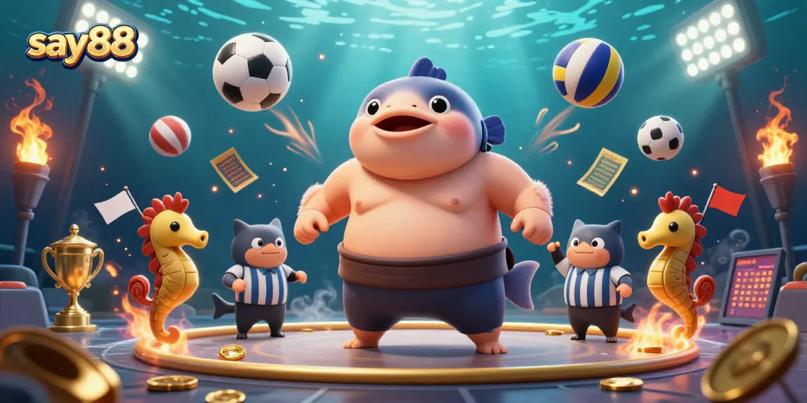 Experience big wins at say88 with a playful underwater casino scene featuring sports elements and lively characters.