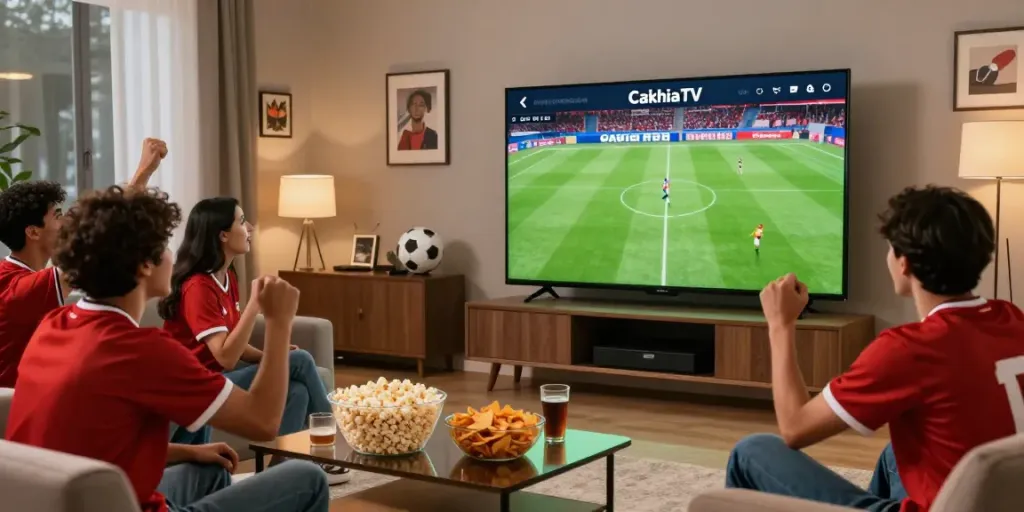 CakhiaTV live football match viewing party with enthusiastic fans.