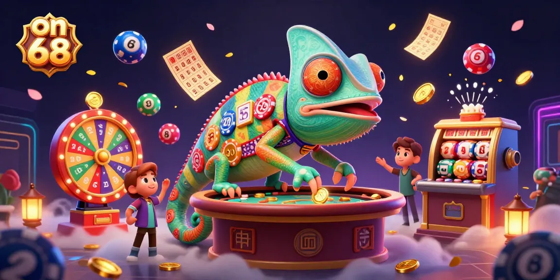 Experience the excitement at on 68 with a colorful dynamic casino illustration featuring games and joyful elements.