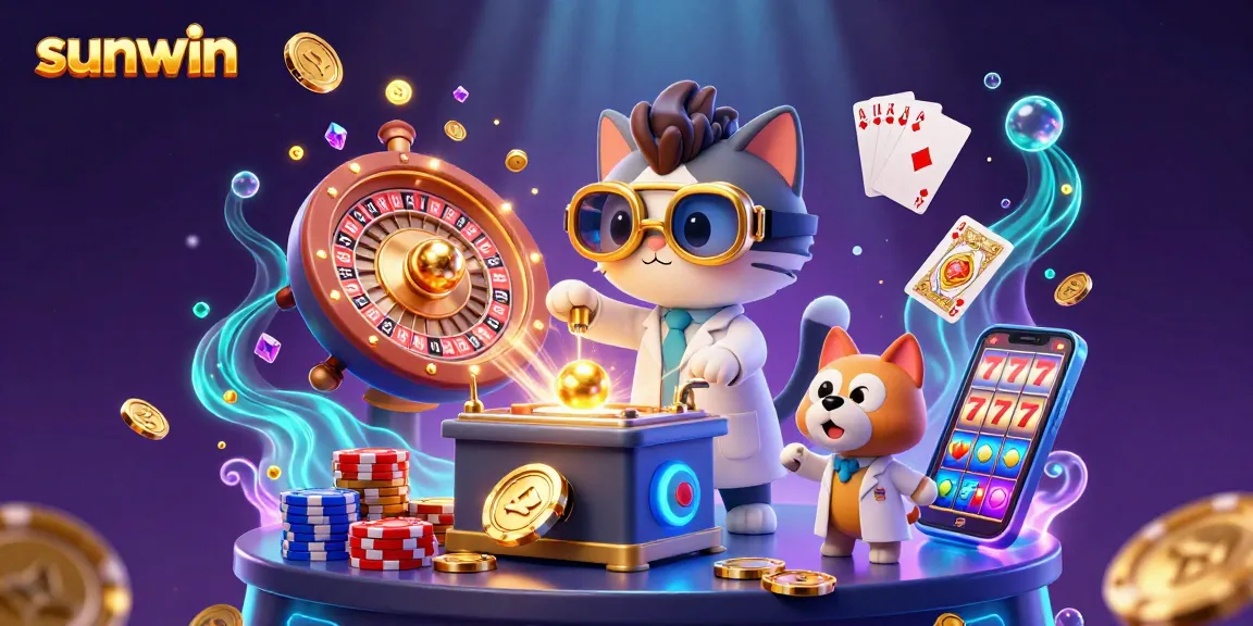 Experience the excitement of Sunwin with a mad scientist cat and loyal dog in a casino lab, surrounded by gold coins and shiny poker chips.