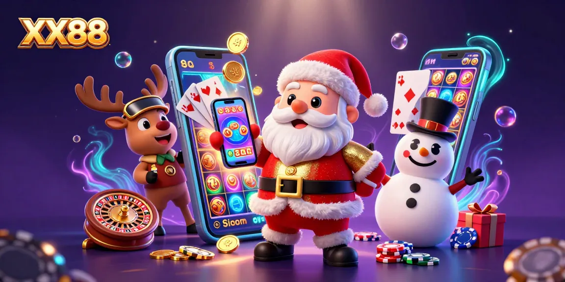 Celebrate winnings at XX88 with Santa and friends in a vibrant, action-packed casino scene.