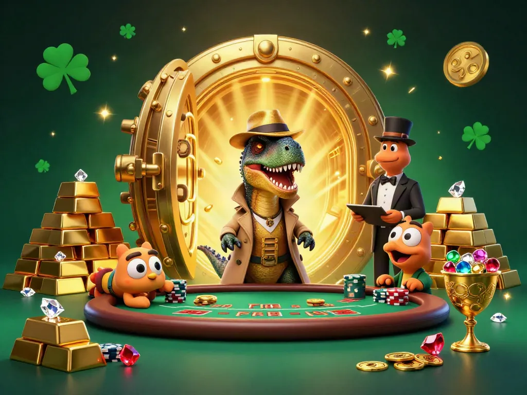 Interact with the vibrant dduu scene featuring a velociraptor card counter at a blackjack table, with dynamic gem and gold elements.