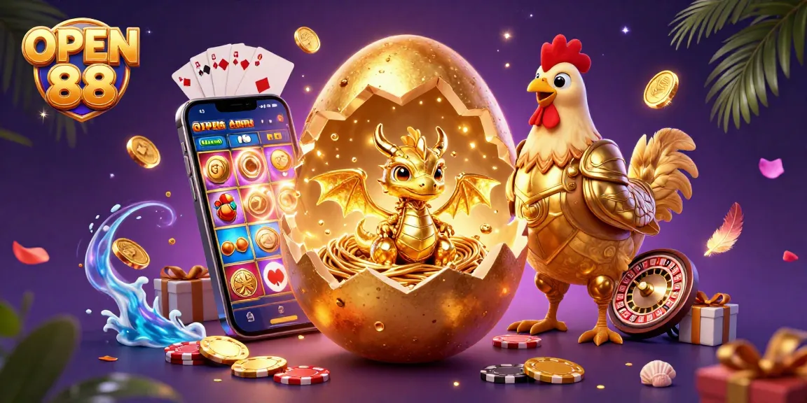 Engage with OPEN 88 as a golden dragon emerges on a nest of poker chips amidst vibrant casino elements.