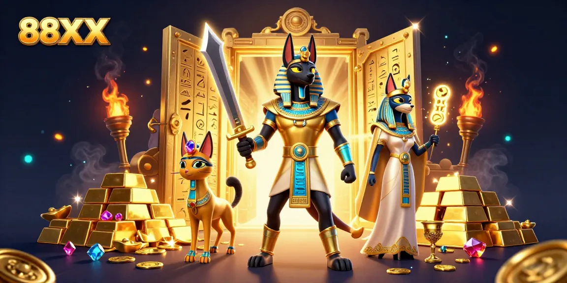 Engage with thrilling 88XX gaming experiences featuring Anubis and Bastet amidst treasures.