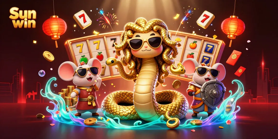 Engage with the thrilling Sun win experience, featuring Medusa and a warrior mouse in a vibrant casino-themed scene.