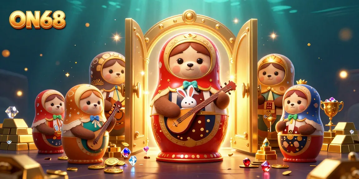 Experience the thrill of gaming with ON68's vibrant 3D casino scene featuring playful elements and a treasure theme.