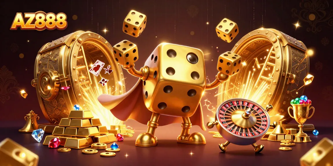 AZ888's vibrant casino scene features animated dice, treasures, and gaming excitement.