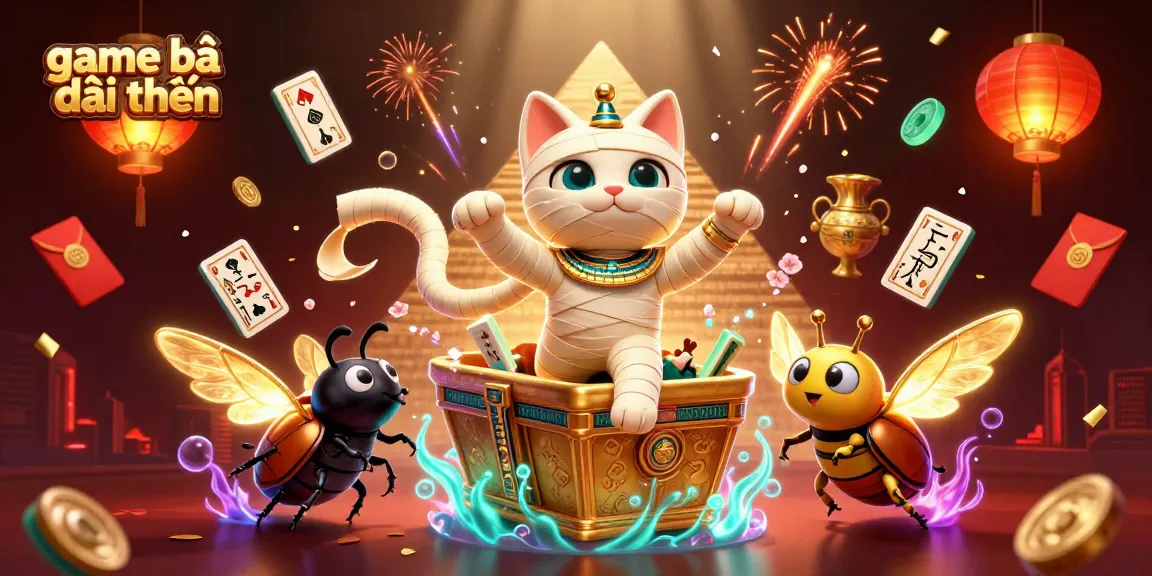 Engage in thrilling game bài đổi thưởng as the Egyptian mummy cat emerges in a vibrant pyramid casino.