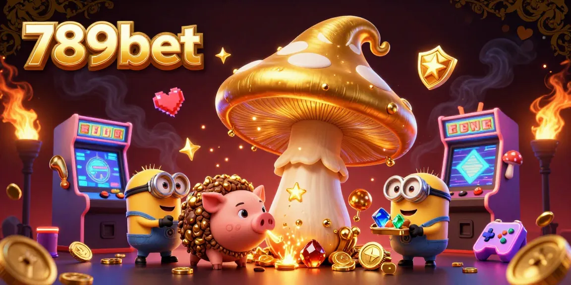 A vibrant scene with a 3D golden mushroom wizard and treasure-seeking elements showcasing 789bet gaming adventures.