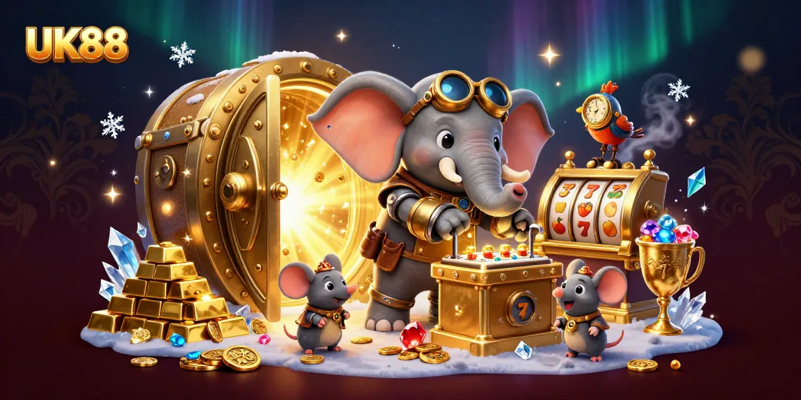 Spin the golden slot machine with UK88's steampunk elephant amidst riches and vibrant casino elements.