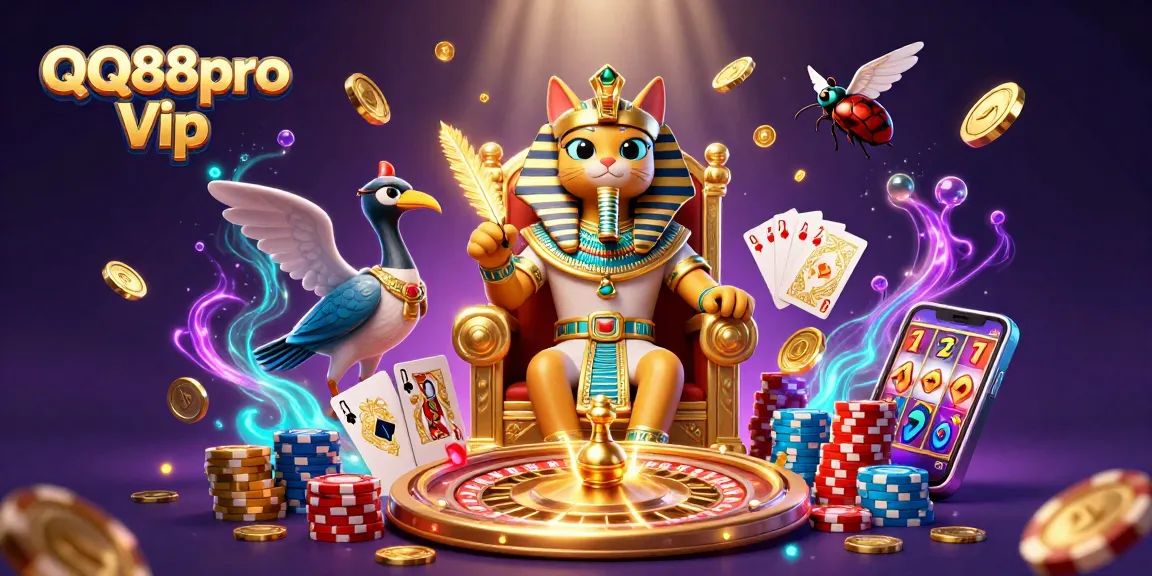 Win big with QQ88pro Vip in a captivating casino scene rich with gaming elements and vibrant characters.