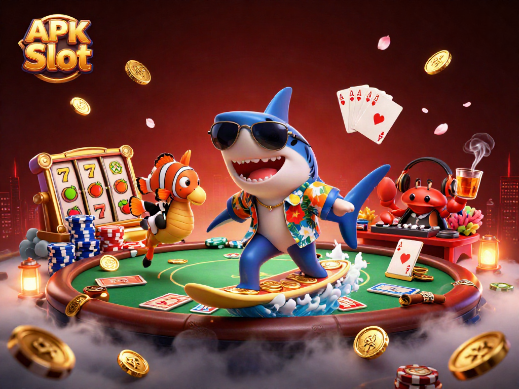 Join the fun with APK Slot as the shark surfs on gold coins, surrounded by vibrant casino elements.
