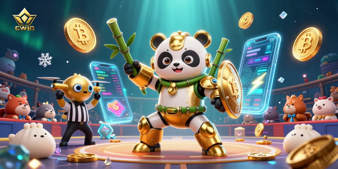 Experience the thrilling action at cwin as a golden panda battles with a bamboo robot in a vibrant casino world.
