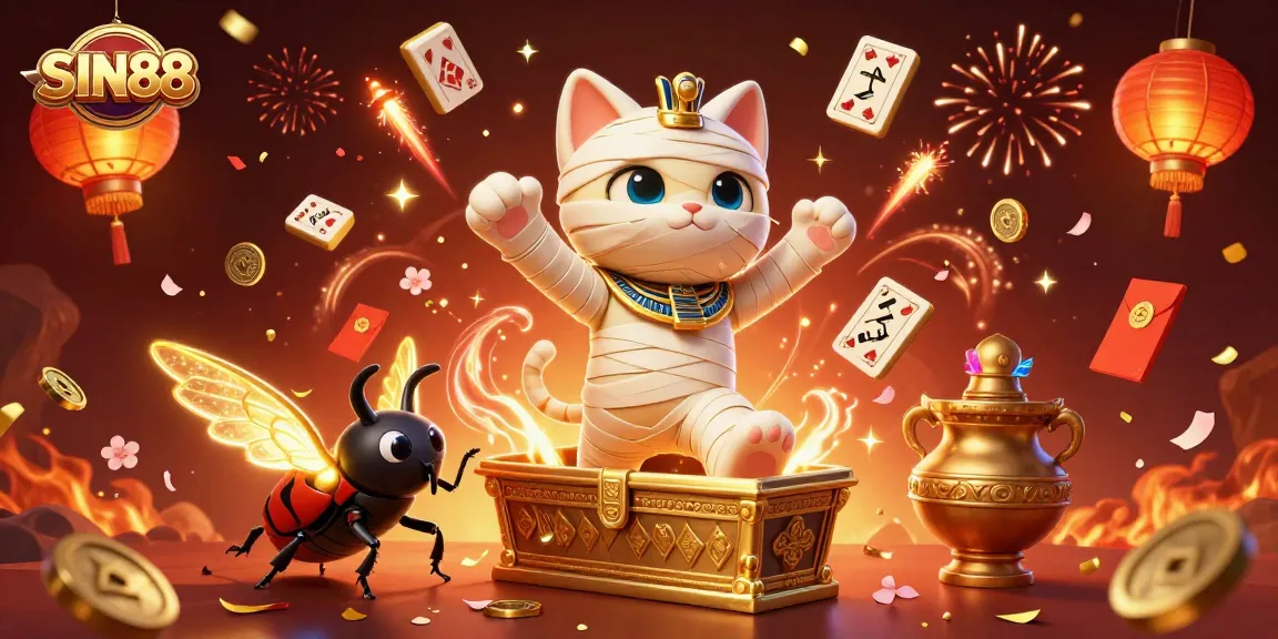 SIN88 showcases an exciting scene with an Egyptian mummy cat and a scarab beetle in a vibrant casino.