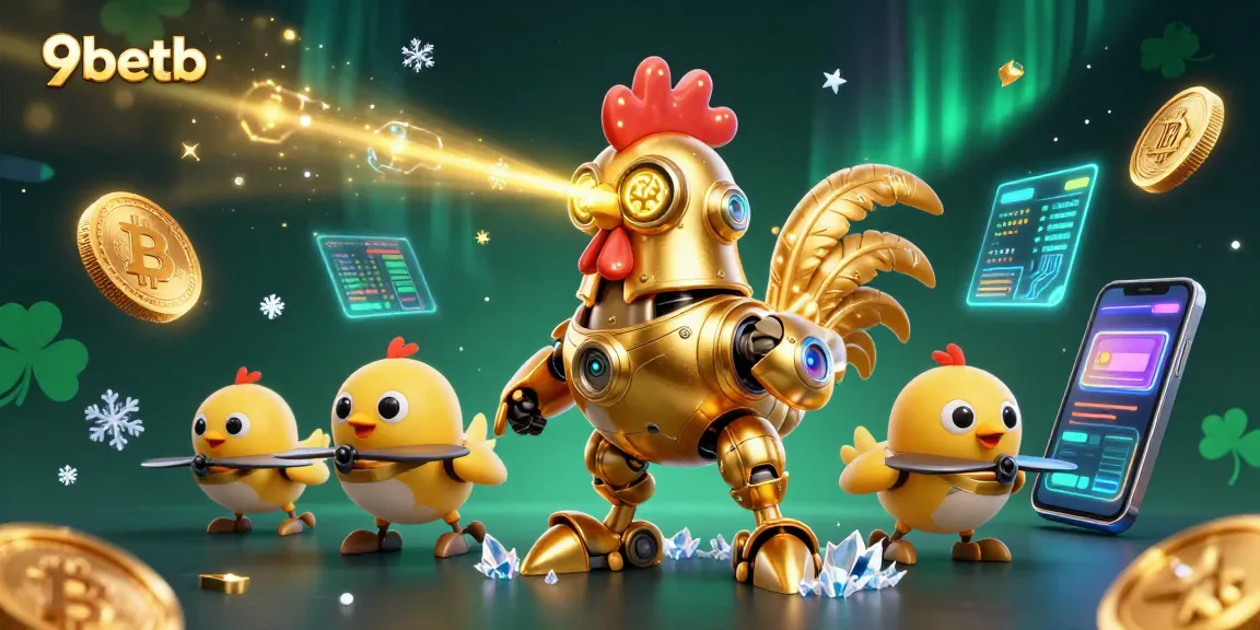 Engage in thrilling bets at 9betb with golden rooster robot showcasing excitement and crypto elements.