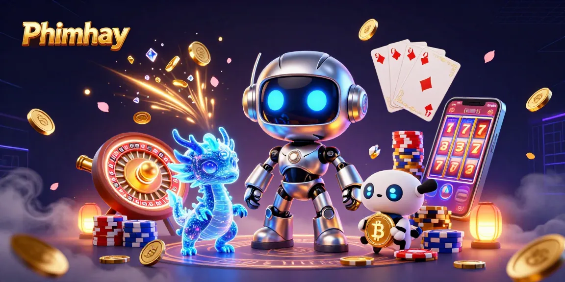 Experience thrilling bets with Phimhay's vibrant casino illustration featuring a cyberpunk robot.