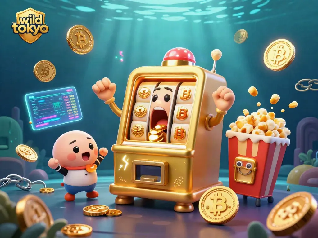 Engage with the wild tokyo slot machine as it hits a jackpot, surrounded by crypto elements and vibrant prizes.