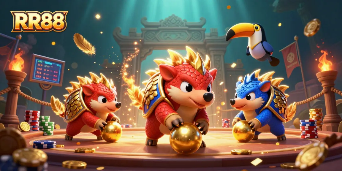 RR88 pangolins compete in a vibrant casino atmosphere, rolling poker chips and golden balls.