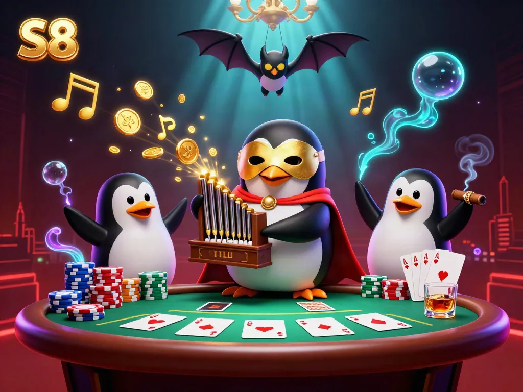S8 ignites excitement as the phantom penguin celebrates big wins with poker chips and golden coins