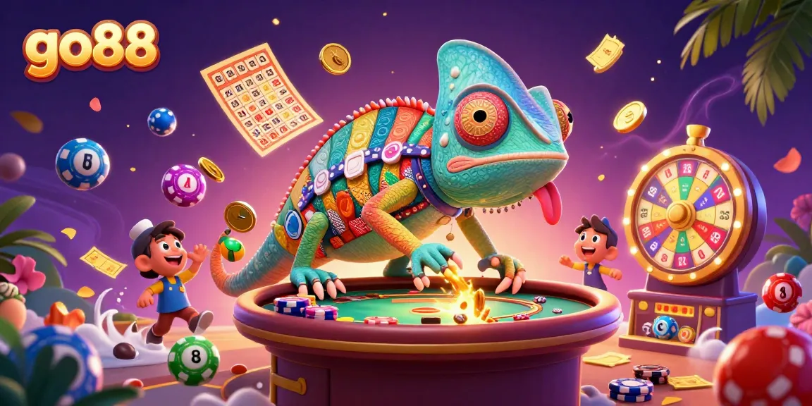 Experience the excitement of go88 with a vibrant casino scene of a chameleon owner and playful lottery elements.