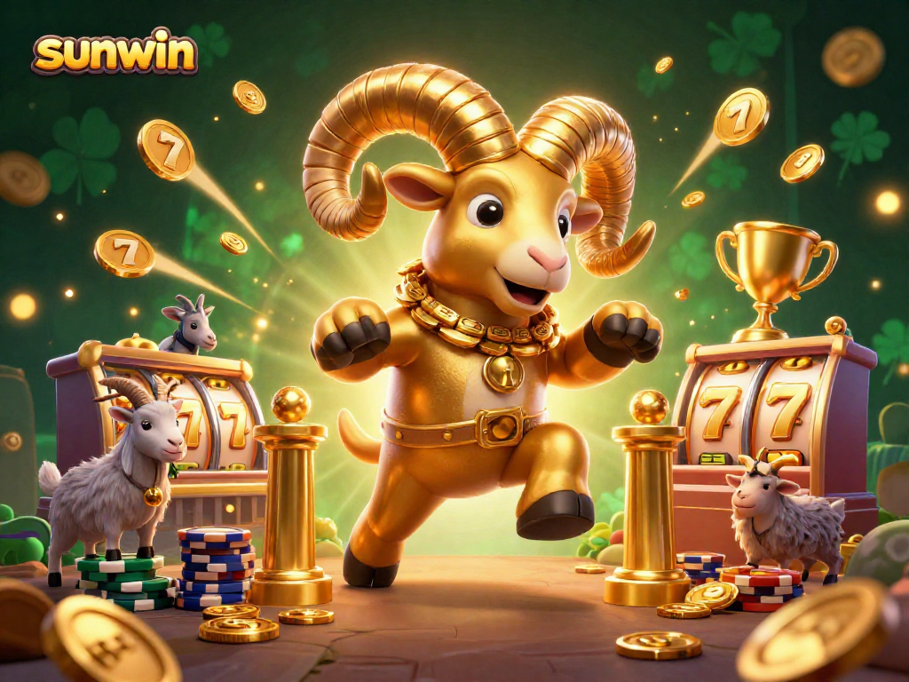 Engage with the exciting world of sunwin featuring a golden ram charging through dynamic slot elements, jackpots, and shimmering coins.