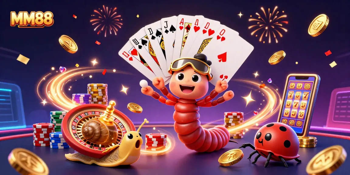 Win big at MM88 with a fun 3D cartoon casino scene featuring a multihand dealer, high-roller, and playful pill bug!