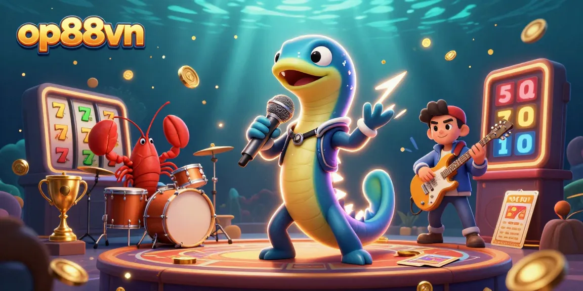 Experience the thrill of op88vn with a vibrant underwater casino scene featuring electric eel DJs