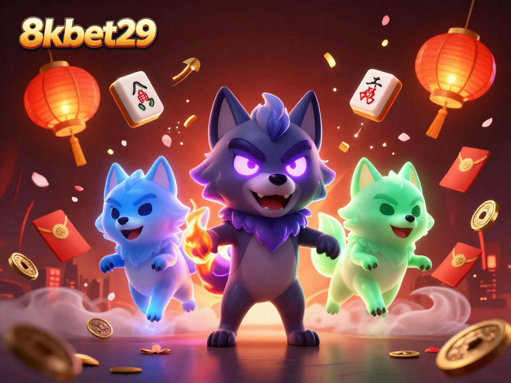 Experience thrilling gameplay with 8kbet29, featuring ghostly wolves and vibrant casino elements.