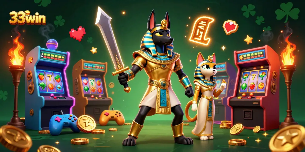 Engage with 33win in vibrant casino-themed illustration featuring Anubis and Bastet amidst dynamic gaming elements.