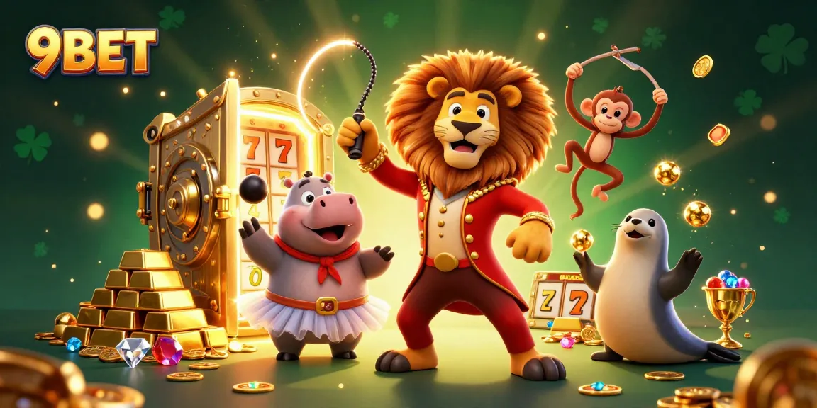 Engage with 9BET in an exciting casino adventure featuring slot reels and whimsical characters.