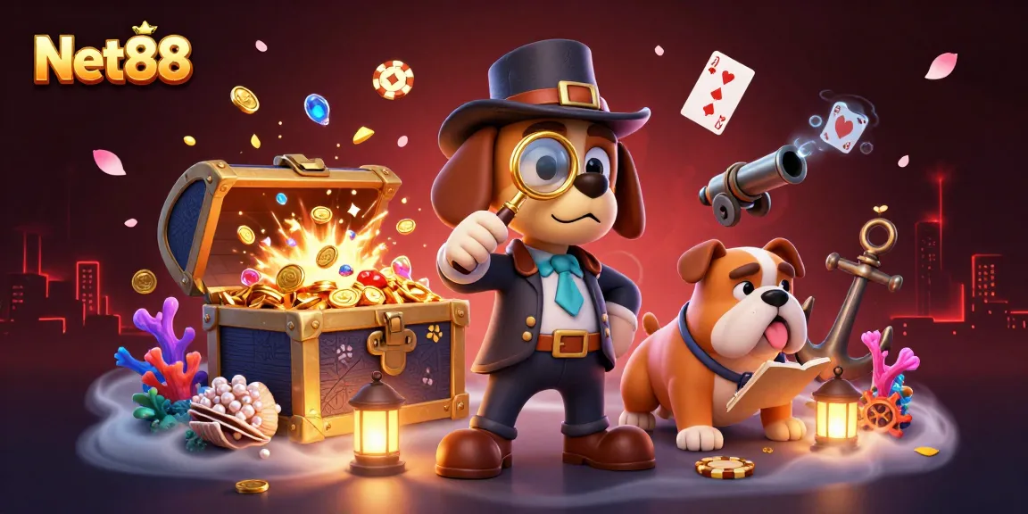 Engage with Net88 in an immersive casino adventure filled with poker chips and treasure!