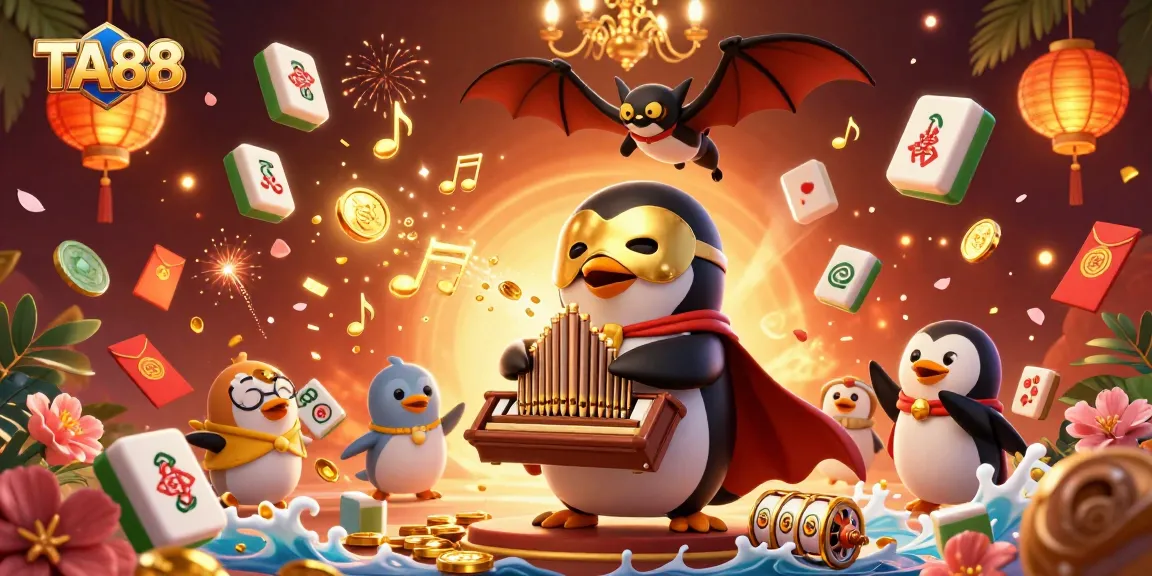 Experience the excitement of TA88 as the penguin plays amid gold coins and vibrant casino elements.