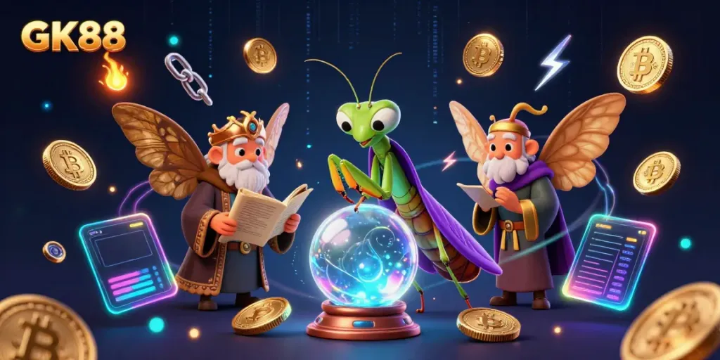 Engage with GK88's vibrant 3D casino scene featuring a fortune teller and glowing cryptocurrency elements.
