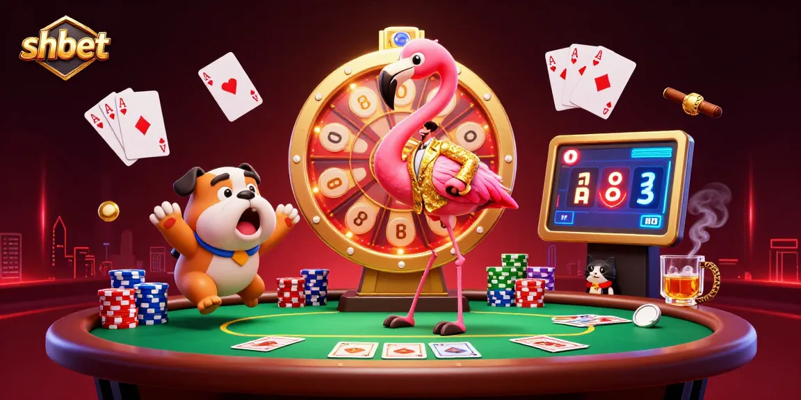 Play thrilling games at shbet with a vibrant scene featuring a flamingo host and bulldog contestant.
