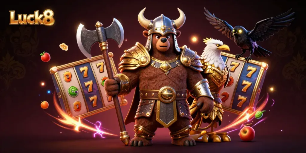 Experience the excitement of Luck8 with a dynamic casino illustration featuring a Viking bear, Valkyrie eagle, and rich gaming elements.