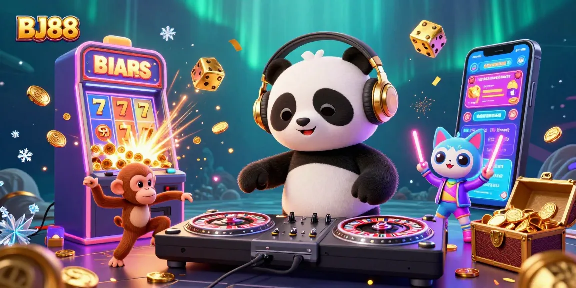 Experience thrilling gaming at BJ88 with a breakdancing monkey and DJ panda in a vibrant casino scene.