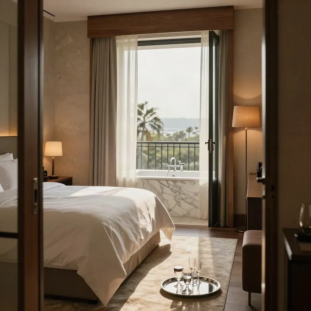 Suite di lusso con letto preparato, bagno in marmo e balcone aperto con teli leggeri.