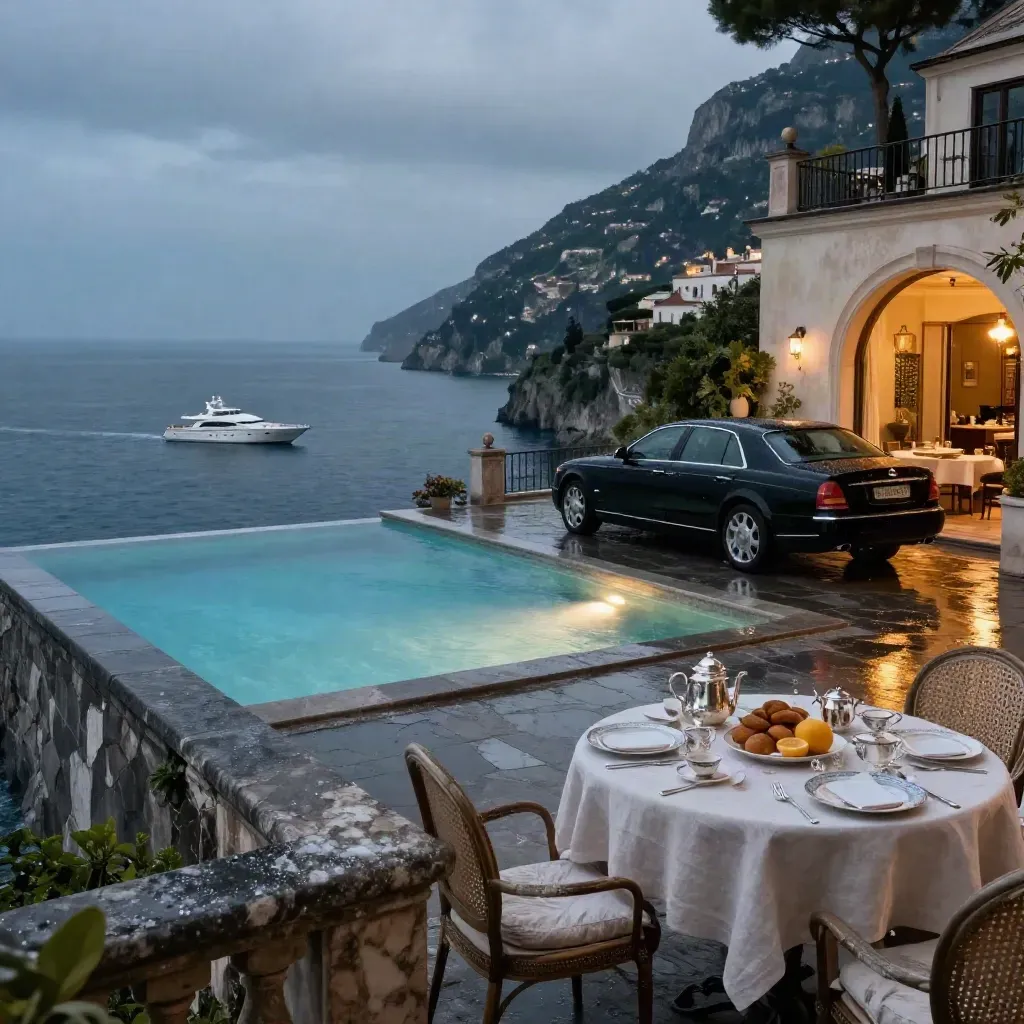 Villa costiera amalfitana con piscina a sfioro, yacht in baia, auto nera e colazione in terrazza.