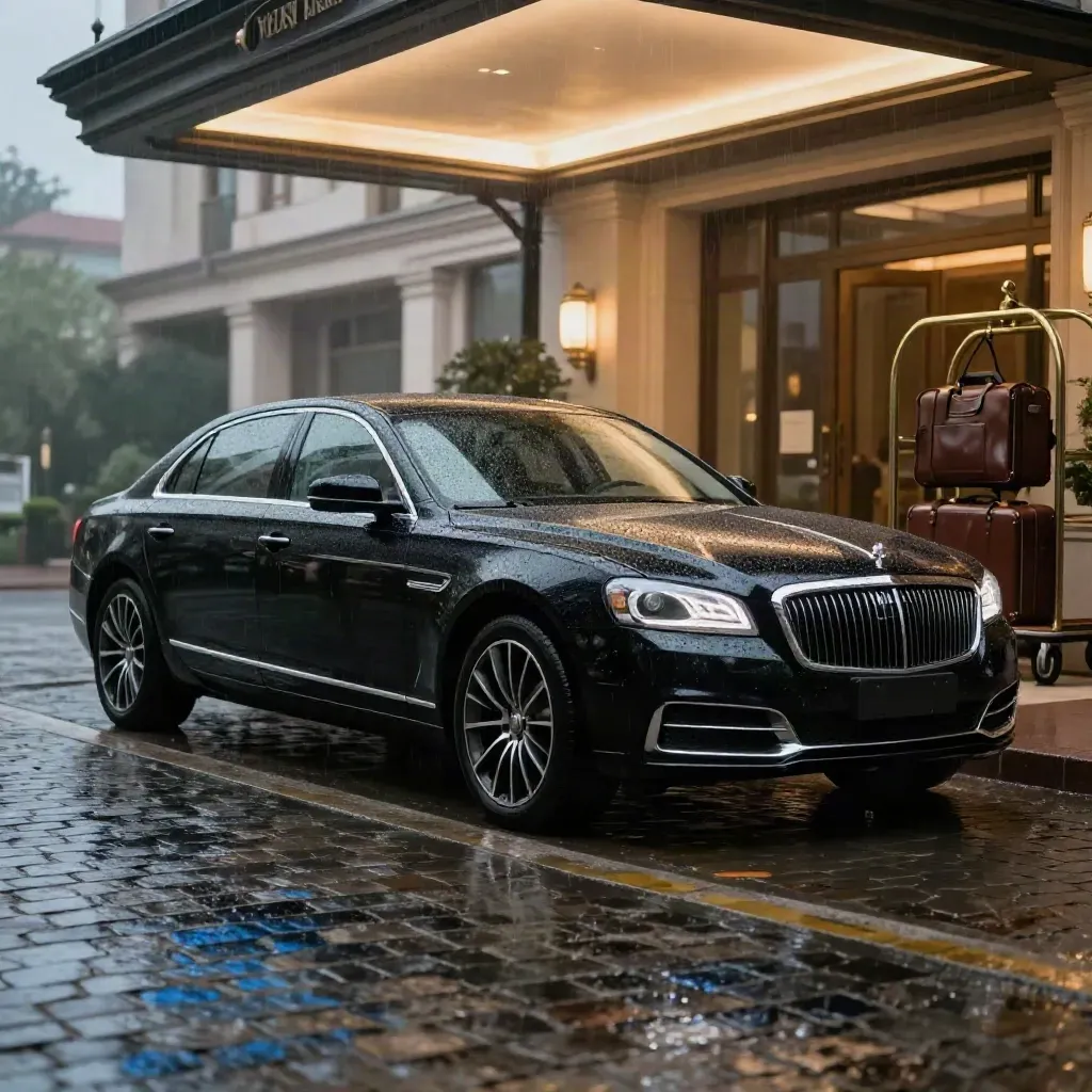 Auto executive nera sotto il portico di hotel, pioggia leggera e valigie eleganti.